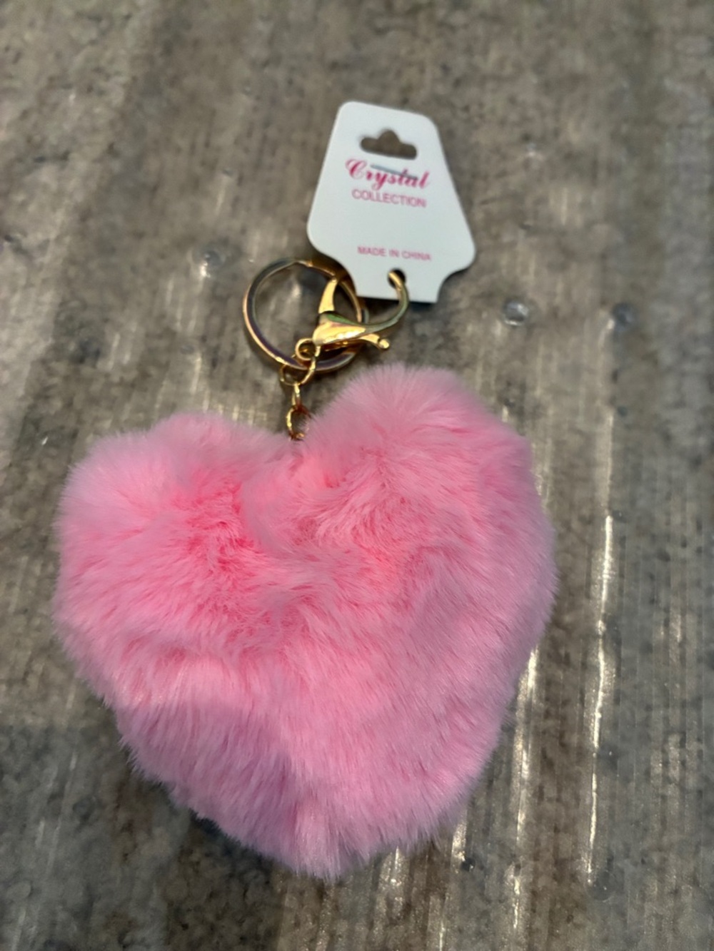 Crystal Collection Pink Heart Fur Keychain with Gold Hardware